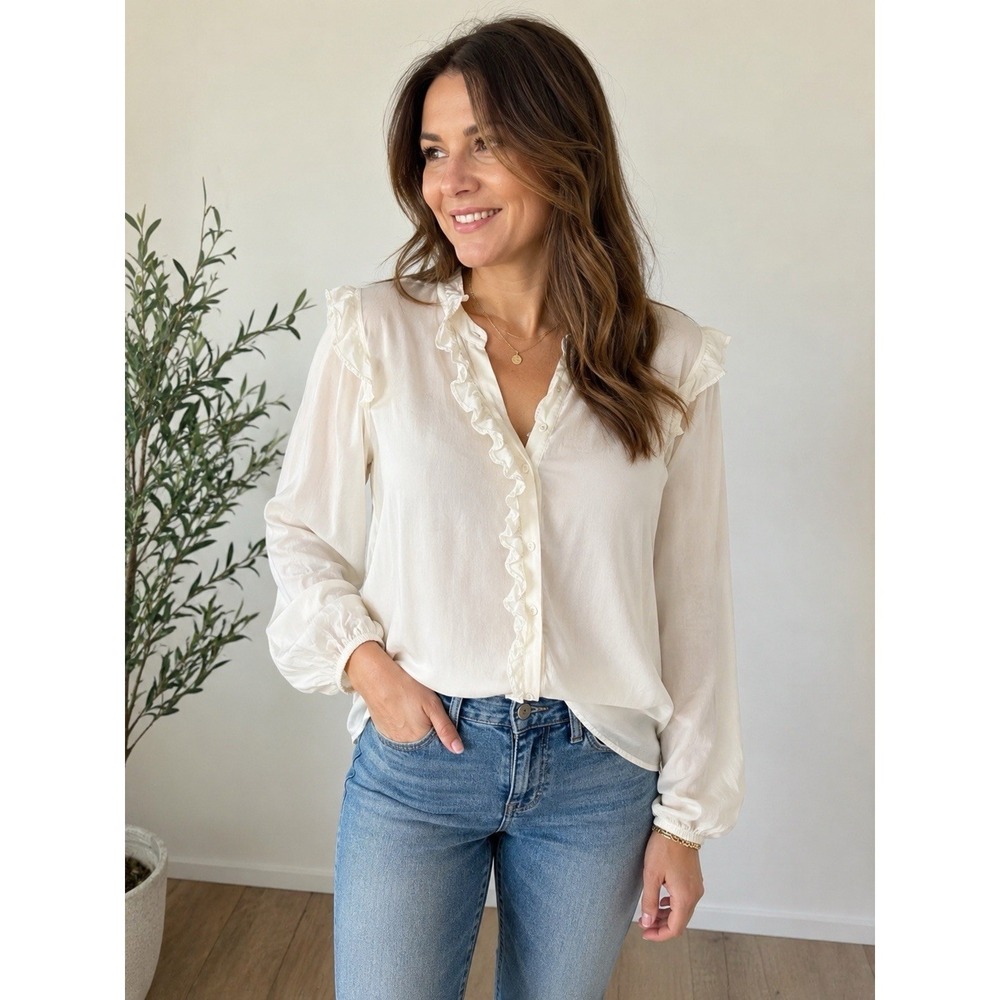 Evereve Thea Small Ivory Ruffle Button Front Cupro Blouse Long Sleeve Top Classy